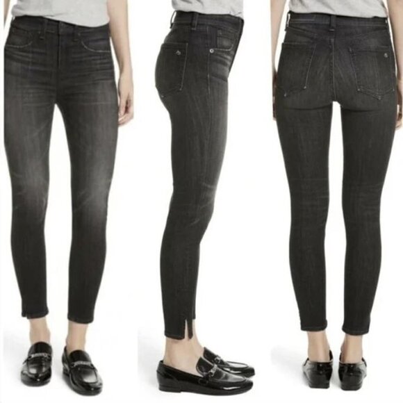 Rag & Bone Black Ash Washed Out High Rise Ankle Skinny Denim Jeans Slit Hem 26 - Picture 1 of 17